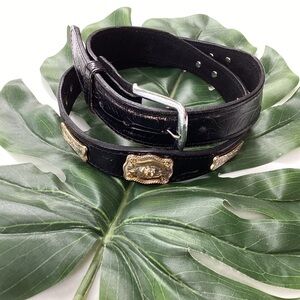 Vintage Reynaga Horse Concho Belt Black Tooled Leather Western Size 42 XL